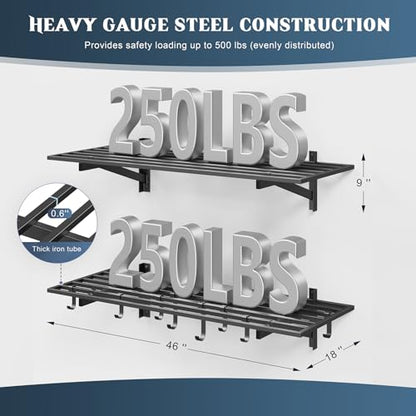 2 Pack Wall Mounted Garage Shelving with 8 Hooks (2 Count)