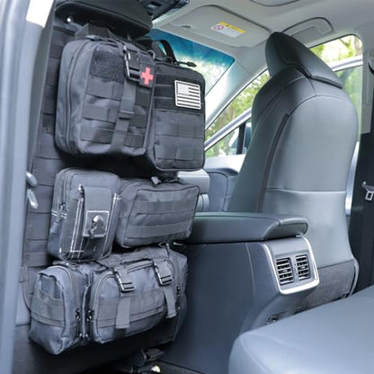tactical car seat back organizer and storage truck seat covers with a Molle Vehicle Panel and 5 Different Size Molle Pouches for most models such as Jeep
