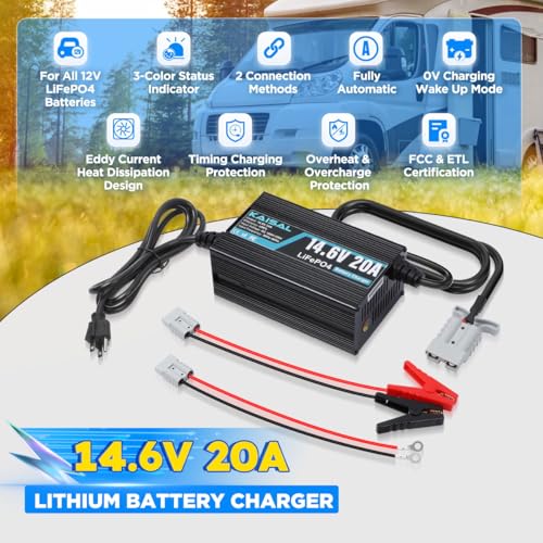 12V 20A Lithium Battery Charger 14.6V LiFePO4 Battery Charger for 12.8V LiFePO4 Lithium Deep Cycle Rechargeable Battery 0V Wake Up 12 Volt Charger with 3 Connectors for RV