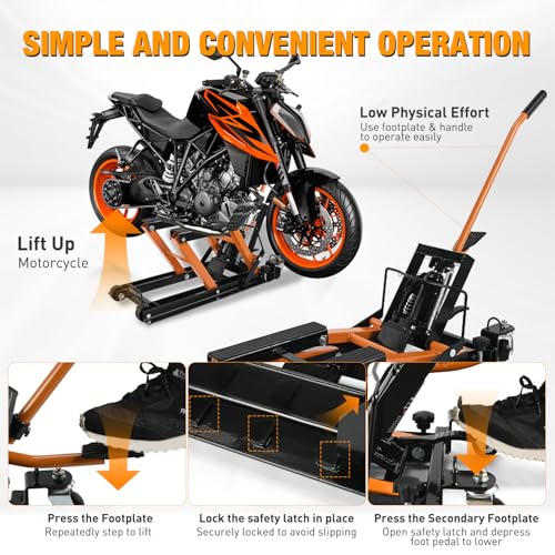 Motorcycle Lift Jack 1500 LBS Hydraulic Lifts ATV Scissor Jacks with Wheel Foot Pedal Handle Ratchet Belt Heavy Duty Lifter Stand Hoist Table for Dirt Bike Garage Storage Repair Tool