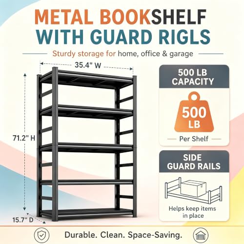Metal Bookshelf 5 Tier Adjustable Heavy Duty Bolt Free Bookcase