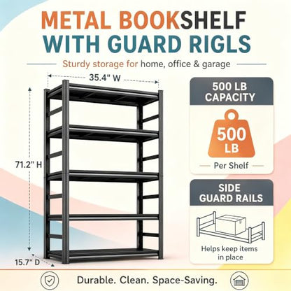Metal Bookshelf 5 Tier Adjustable Heavy Duty Bolt Free Bookcase