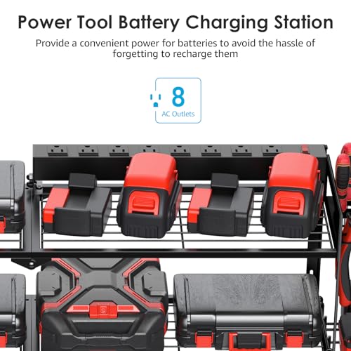 Large Garage Tools Storage with Charging Station. Power Tool Battery Organizer Utility Shelf with Power Strip. 4 Drills Holder Wall Mount Rack (11.5 Count)