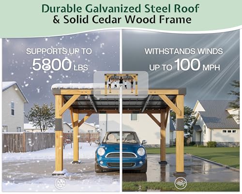 10x12x8 FT Cedar Wood Carport with Sloped Galvanized Steel Roof