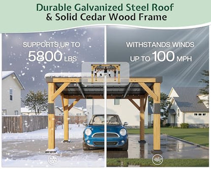 10x12x8 FT Cedar Wood Carport with Sloped Galvanized Steel Roof