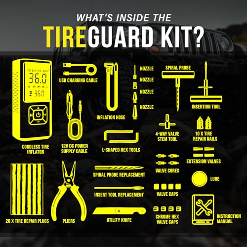 All-in-One Tire Repair Kit with Air Compressor – 150 PSI Portable Cordless Tire Inflator & Plug Kit – Flat Tire Emergency Roadside Kit for Car, SUV, Truck & Motorcycle Fast Repair & Inflation