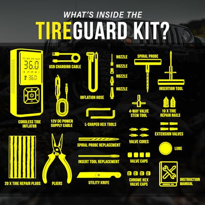All-in-One Tire Repair Kit with Air Compressor – 150 PSI Portable Cordless Tire Inflator & Plug Kit – Flat Tire Emergency Roadside Kit for Car, SUV, Truck & Motorcycle Fast Repair & Inflation