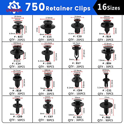 Car Push Retainer Clips 750pcs with 16 Popular Push Pins for Auto Parts (750 Count)