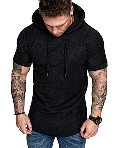 Mens Fashion Hoodies Sport Pullover Solid Color Shirt Workout Lightweight Tops Black Large