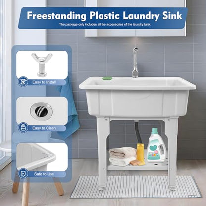 Freestanding Utility Sink Plastic Laundry Tub Spacious Sink with Storage Shelf Indoor Outdoor Wash Station for Bathroom Washing Room