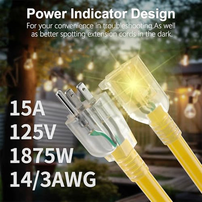 14 Gauge Heavy Duty Outdoor Extension Cord 15 FT Waterproof