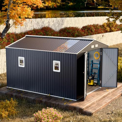 10x12 FT Outdoor Metal Storage Shed with Unique Base Sunroof Window Lockable Door Vent