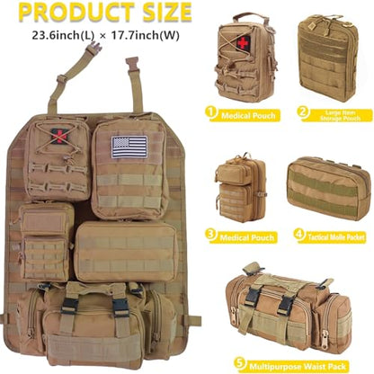 Universal Tactical Car Seat Back Organizer Bag Tactical Molle Vehicle Organizers Panel Vehicle Protector Organizers with 5 Detachable Pouches for Car Truck Ford Jeep