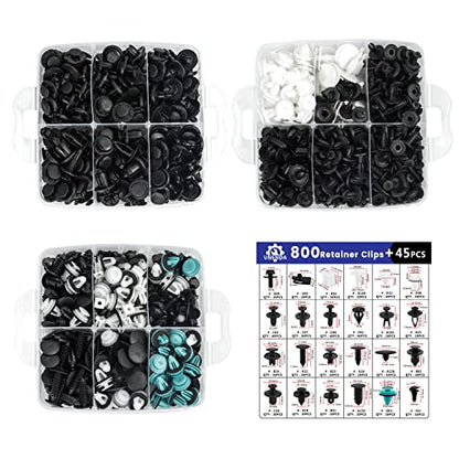 Car Push Retainer Clips 845pcs with 24Most Popular Push Pins Automotive Parts Sizes Auto Screw Trim Clip Assortment with Cable Ties and Blue Fastener Remover for Ford GM Toyota Honda Chrysler Nissan