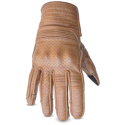 Leather Motorcycle Gloves for Men with Light Tricot Inner Lining Bike Riding Gloves with Fingers and Knuckle Padding with Adjustable Magic Tape Fastener