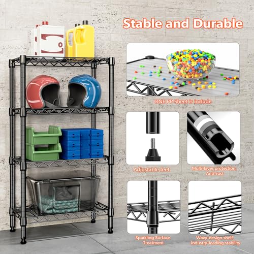 1000 lbs 4 Tier Shelf Metal Storage Shelves Wire Rack Closet Organizers with PP Board for Garage Kitchen Bathroom Laundry Black 11.8" D x 21.7" W x 39.5" H (4 Count)