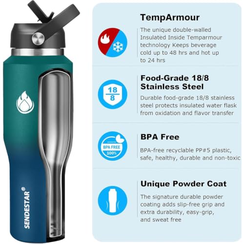 40oz Water Bottle Wide Mouth Stainless Steel Vacuum Insulated Double Wall with Straw Lids Fit in Any Car Cup Holder