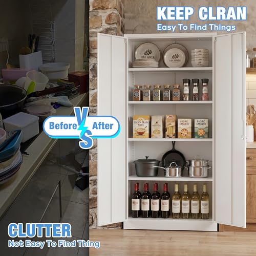 71 Inch White Metal Storage Cabinet with Locking Doors