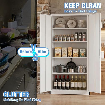 71 Inch White Metal Storage Cabinet with Locking Doors