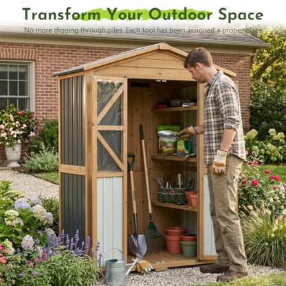 Outdoor Wooden Storage Shed Cabinet with 6 Adjustable Shelves