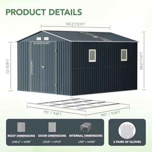 10x12X7.5FT Outdoor Steel Storage Shed with Lockable Doors and Frame Floor