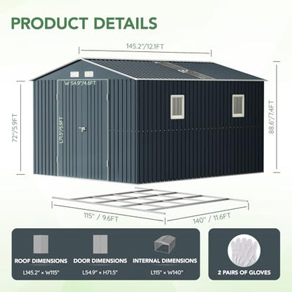 10x12X7.5FT Outdoor Steel Storage Shed with Lockable Doors and Frame Floor
