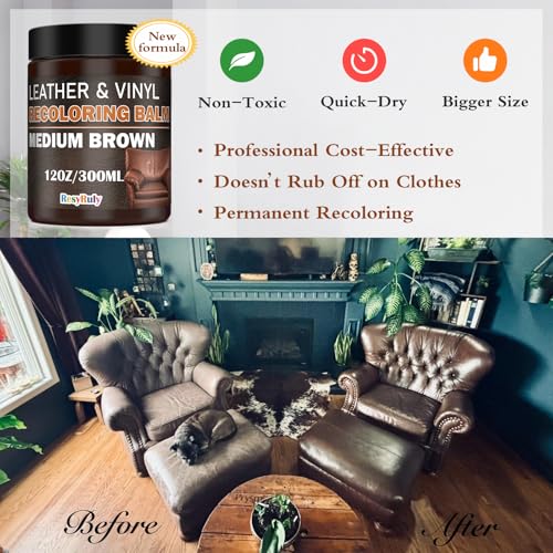 Leather Recoloring Balm Medium Brown Dye Vinyl Car Interior Boat Seat Paint Crafts Furniture Couch Recliner Chair Boot Jacket Shoe Bag Purse Belt Color Restorer Fading Stain Scratch Remover Repair