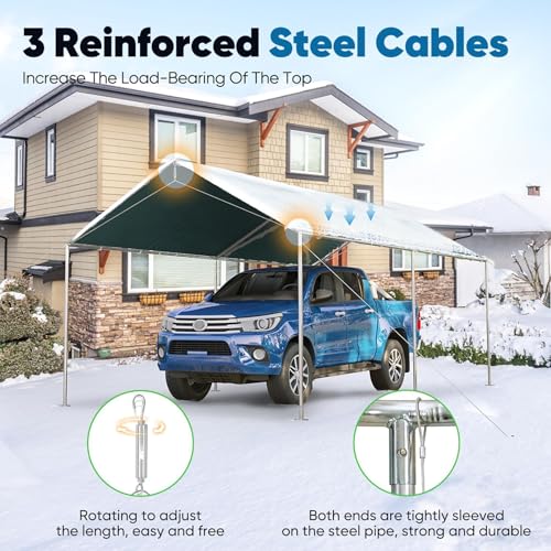 10x15 ft Heavy Duty Car Canopy Galvanized Frame Carport Outdoor Party Tent Boat Shelter with 3 Reinforced Steel Cables