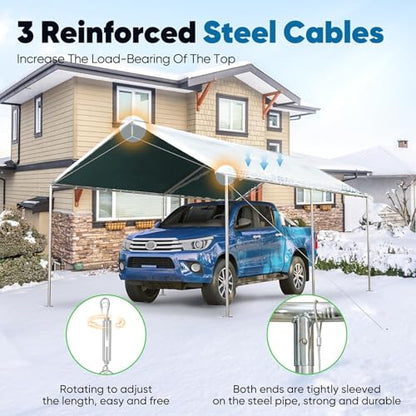 10x15 ft Heavy Duty Car Canopy Galvanized Frame Carport Outdoor Party Tent Boat Shelter with 3 Reinforced Steel Cables