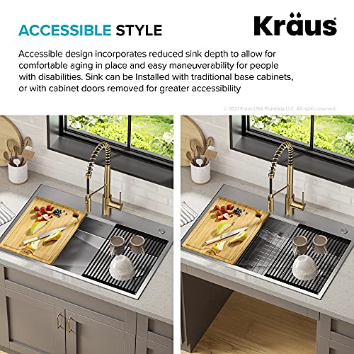KWT310-33/5.5 Kore ADA Workstation 33-inch Drop-In Topmount 16 Gauge Stainless Steel Single Bowl Kitchen Sink with Accessories, 33 Inch
