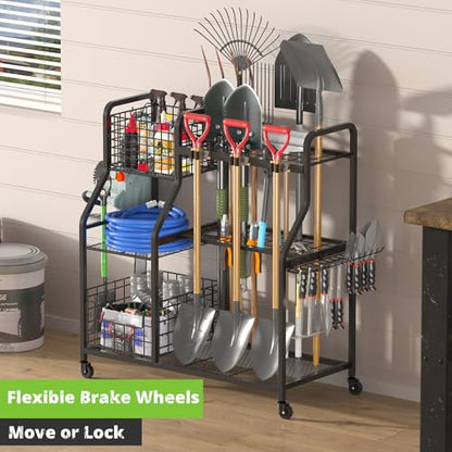 Garden Tool Holder Organizer with Heavy Duty Wheels for Garage