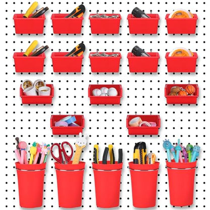 20 Pcs Pegboard Bins and Cups with Hooks and Loops Peg Assortment Organizer Accessories Various Tool Organizer Pegboard Baskets Set for Garage Workshop Workbench Office