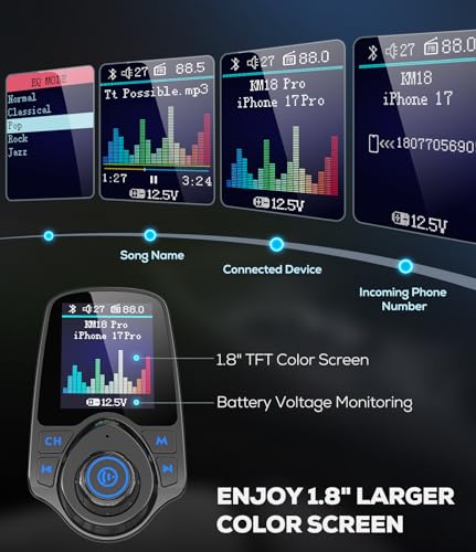 1.8" Color Screen 48W Bluetooth 5.4 Car Adapter FM Transmitter