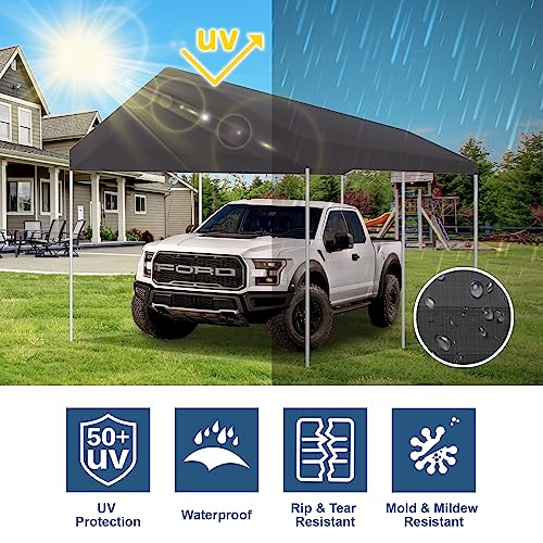 10' x 20' Upgraded Carport Replacement Canopy Cover Grey for Car Garage Shelter Party Tent Top Tarp with Ball Bungees