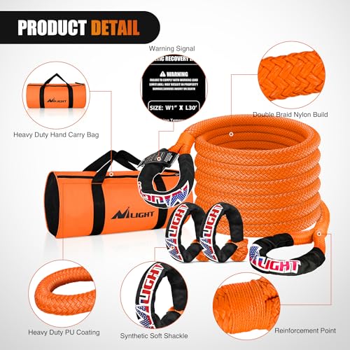 Kinetic Recovery Tow Rope Kit with 2 Soft Shackle 1" x 30ft Heavy Duty Offroad Tow Rope Snatch Strap Towing Strap kit