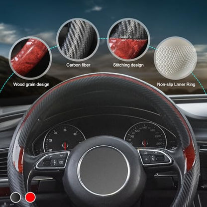 Wood Grain Steering Wheel Cover Red Universal Microfiber Leather