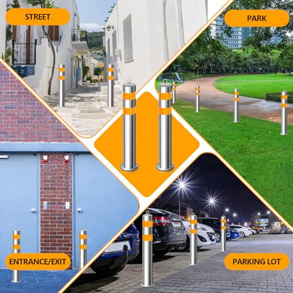 31.5 Inch Stainless Steel Bollard Post with Anchor Bolts Parking Barrier Block Safety Bollard Covers with Reflective Strips and Hanging Ring for Parking Lots Driveways Garage Pathways