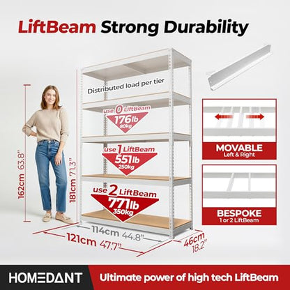 47.7" W 5 Tier Heavy Duty Garage Shelving Adjustable Metal Rack Storage Shelves Standing Shelf Unit Organizers Industrial Warehouse Basement White 2Pack