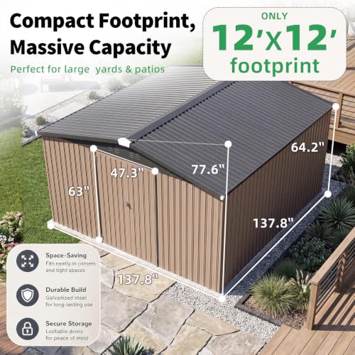 12x12 FT Large Galvanized Steel Outdoor Storage Shed