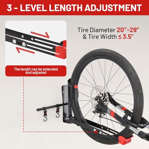 Bike Wall Mount Rack Adjustable & Foldable Garage Bike Rack with Swivel Design & 2 Storage Hooks (2 Count)
