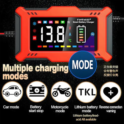 LiFePO4 Lead Acid Battery Charger Smart Battery Trickle Charger 12V 6A Automotive Battery Maintainer Desulfator Temp Compensation for Car Truck Motorcycle Lawn Mower Marine RV