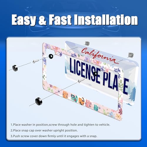 Cat Flowers License Plate Frame Stainless Steel Accessory 12.3x6.3 Inch