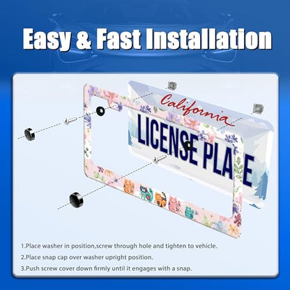 Cat Flowers License Plate Frame Stainless Steel Accessory 12.3x6.3 Inch