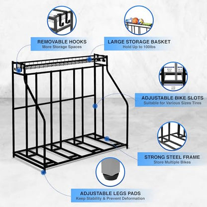 4-Bike Stand, Bike Storage Rack, Bicycle Floor Rack for Garage Organizer, Indoor Sporting Gear Storage Station