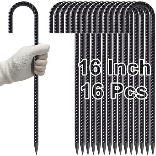 Rebar Stakes 16 Inch J Hook Heavy Duty Steel Chain Link Fence Stakes (16 Count)