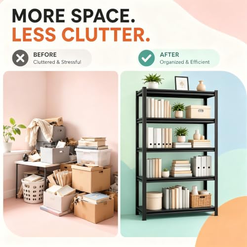 Metal Bookshelf 5 Tier Adjustable Heavy Duty Bolt Free Bookcase