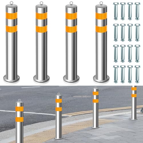 31.5 Inch Stainless Steel Bollard Post with Anchor Bolts Parking Barrier Block Safety Bollard Covers with Reflective Strips and Hanging Ring for Parking Lots Driveways Garage Pathways