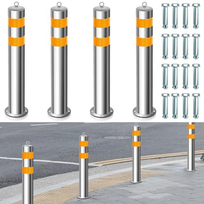 31.5 Inch Stainless Steel Bollard Post with Anchor Bolts Parking Barrier Block Safety Bollard Covers with Reflective Strips and Hanging Ring for Parking Lots Driveways Garage Pathways