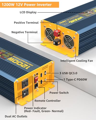 1200 Watt Pure Sine Wave Power Inverter DC 12V to 110V AC Converter with Dual AC Outlets