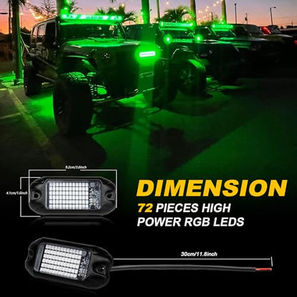 4Pods Pure Green LED Rock Lights 72w high Power Rock Lights Neon Underglow Light for Car Trucks ATV UTV SUV Boat Underbody Glow Trail Rig Light IP68 Waterproof